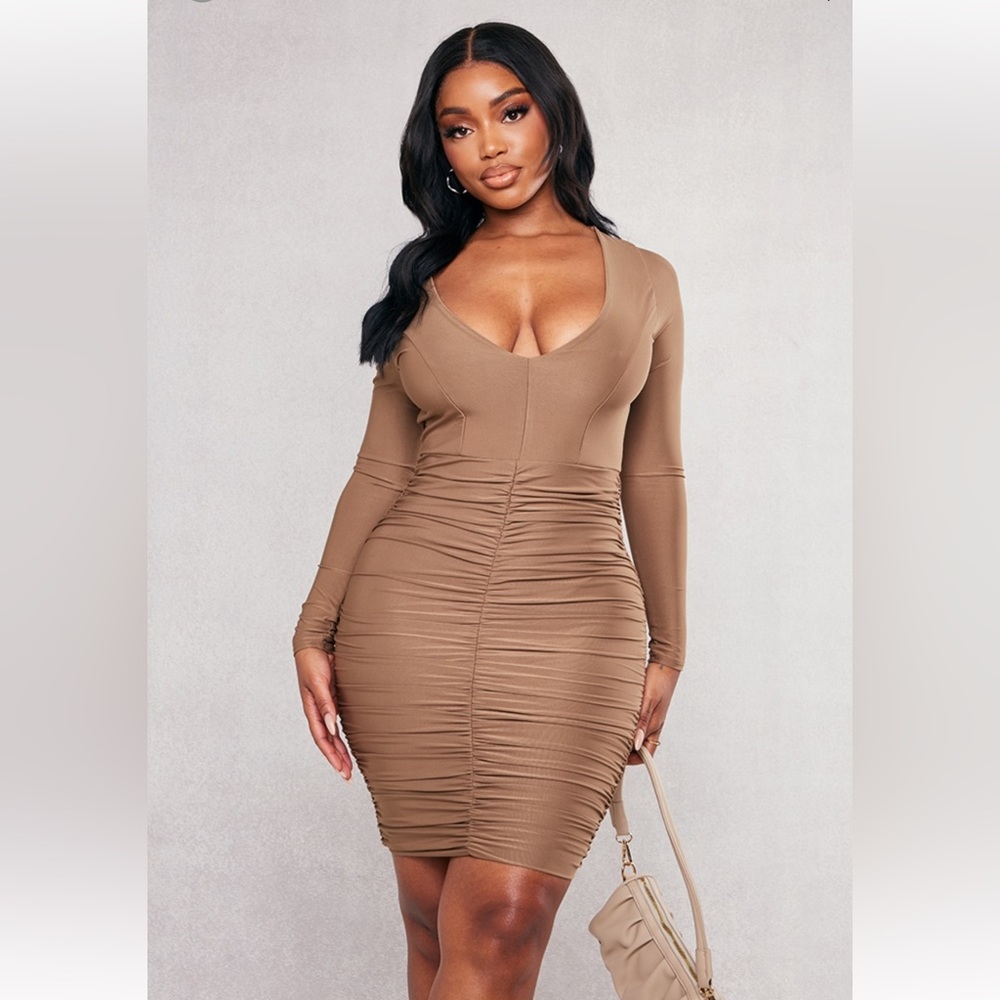 Pretty Little Thing Shape Taupe Slinky Ruched Mini Dress